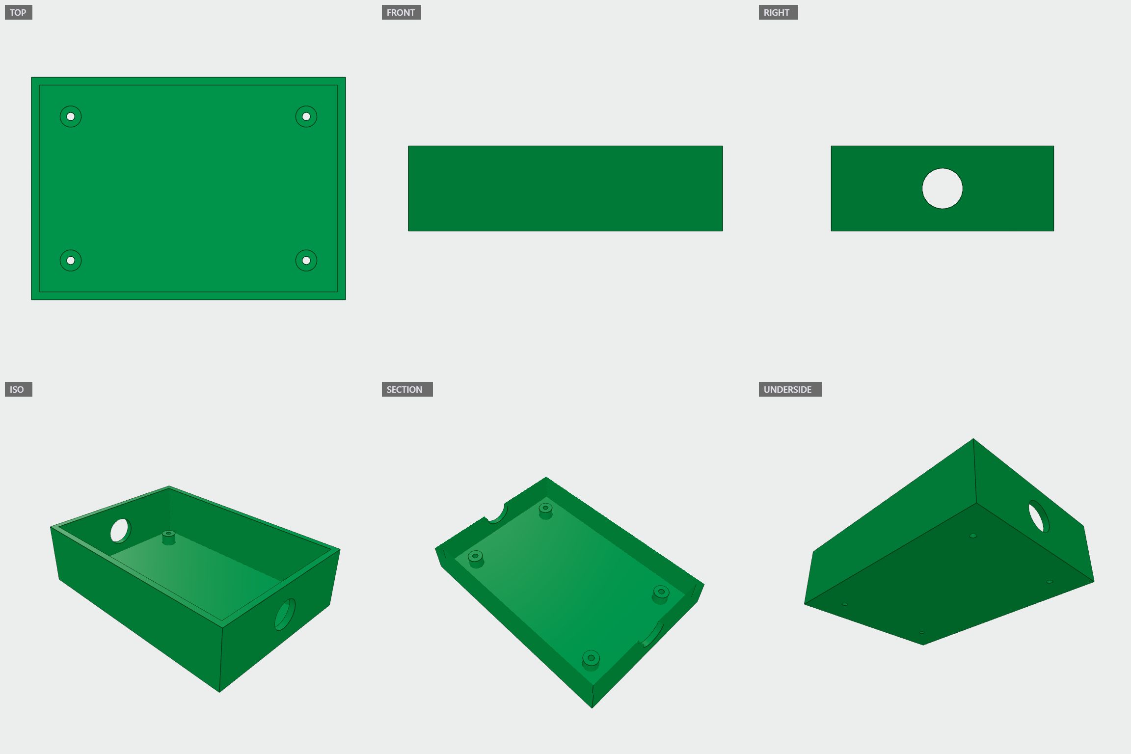 Enclosure base with standoffs: isometric view of the generated model